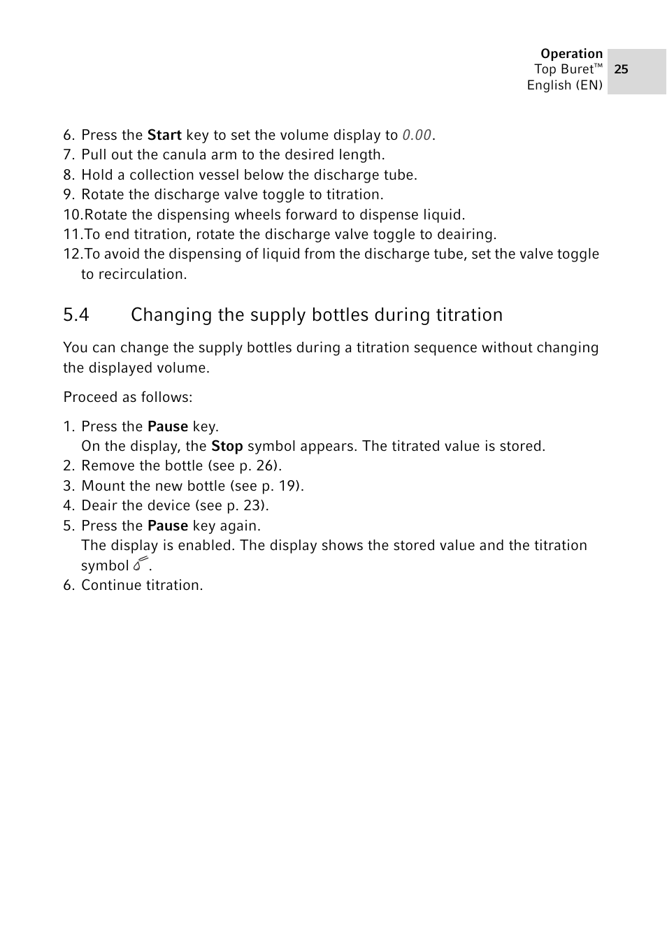 4 changing the supply bottles during titration, Changing the supply bottles during titration | Eppendorf Top Buret M / H User Manual | Page 25 / 42