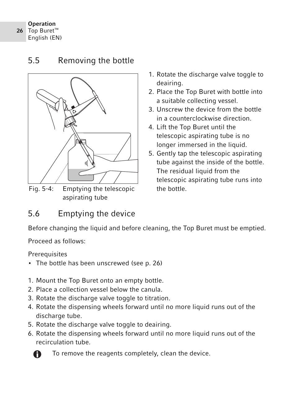 5 removing the bottle, 6 emptying the device, Removing the bottle | Emptying the device, 5 removing the bottle 5.6 emptying the device | Eppendorf Top Buret M / H User Manual | Page 26 / 42