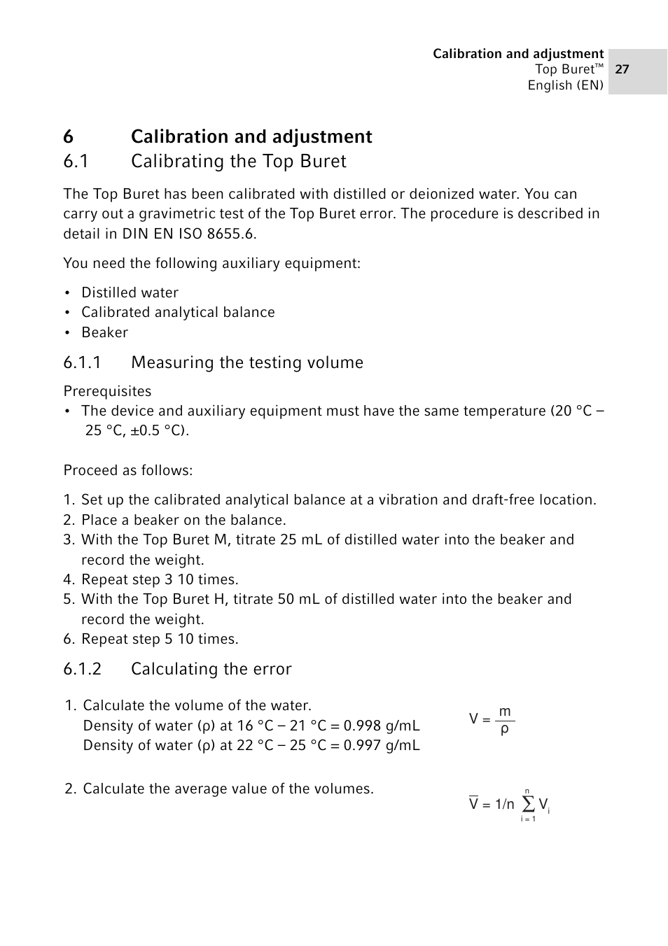 6 calibration and adjustment, 1 calibrating the top buret, 1 measuring the testing volume | 2 calculating the error, Calibration and adjustment 6.1, Calibrating the top buret 6.1.1, Measuring the testing volume, Calculating the error | Eppendorf Top Buret M / H User Manual | Page 27 / 42