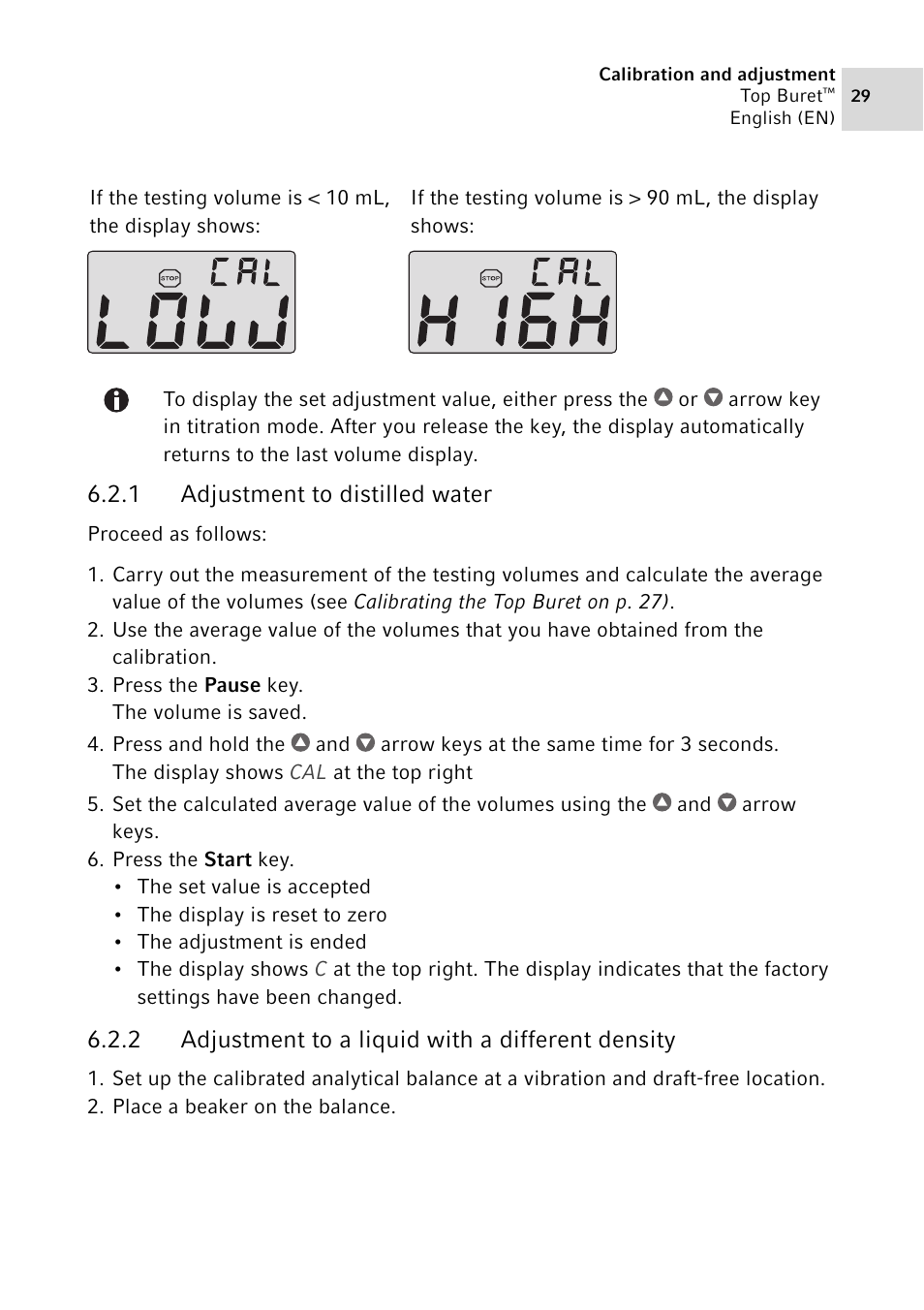 1 adjustment to distilled water, 2 adjustment to a liquid with a different density, Adjustment to distilled water | Adjustment to a liquid with a different density | Eppendorf Top Buret M / H User Manual | Page 29 / 42