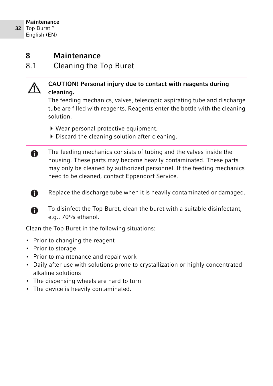 8 maintenance, 1 cleaning the top buret, Maintenance 8.1 | Cleaning the top buret, See p. 32), 8maintenance 8.1 cleaning the top buret | Eppendorf Top Buret M / H User Manual | Page 32 / 42