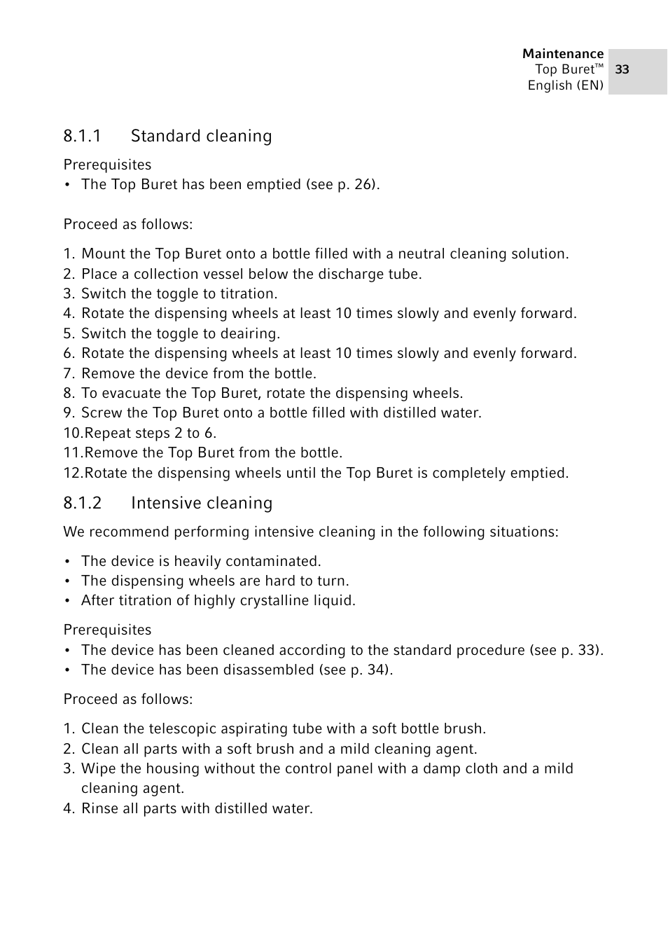 1 standard cleaning, 2 intensive cleaning, Standard cleaning | Intensive cleaning | Eppendorf Top Buret M / H User Manual | Page 33 / 42
