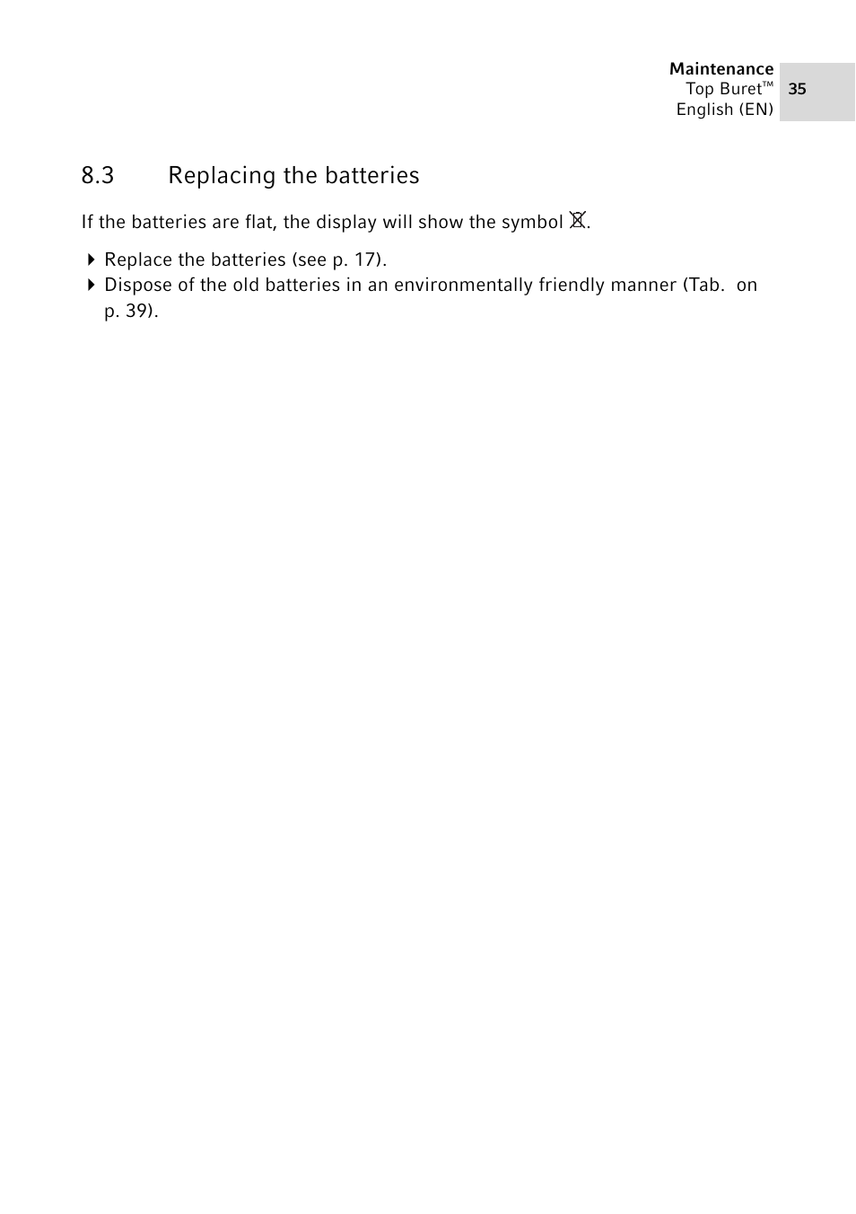 3 replacing the batteries, Replacing the batteries | Eppendorf Top Buret M / H User Manual | Page 35 / 42