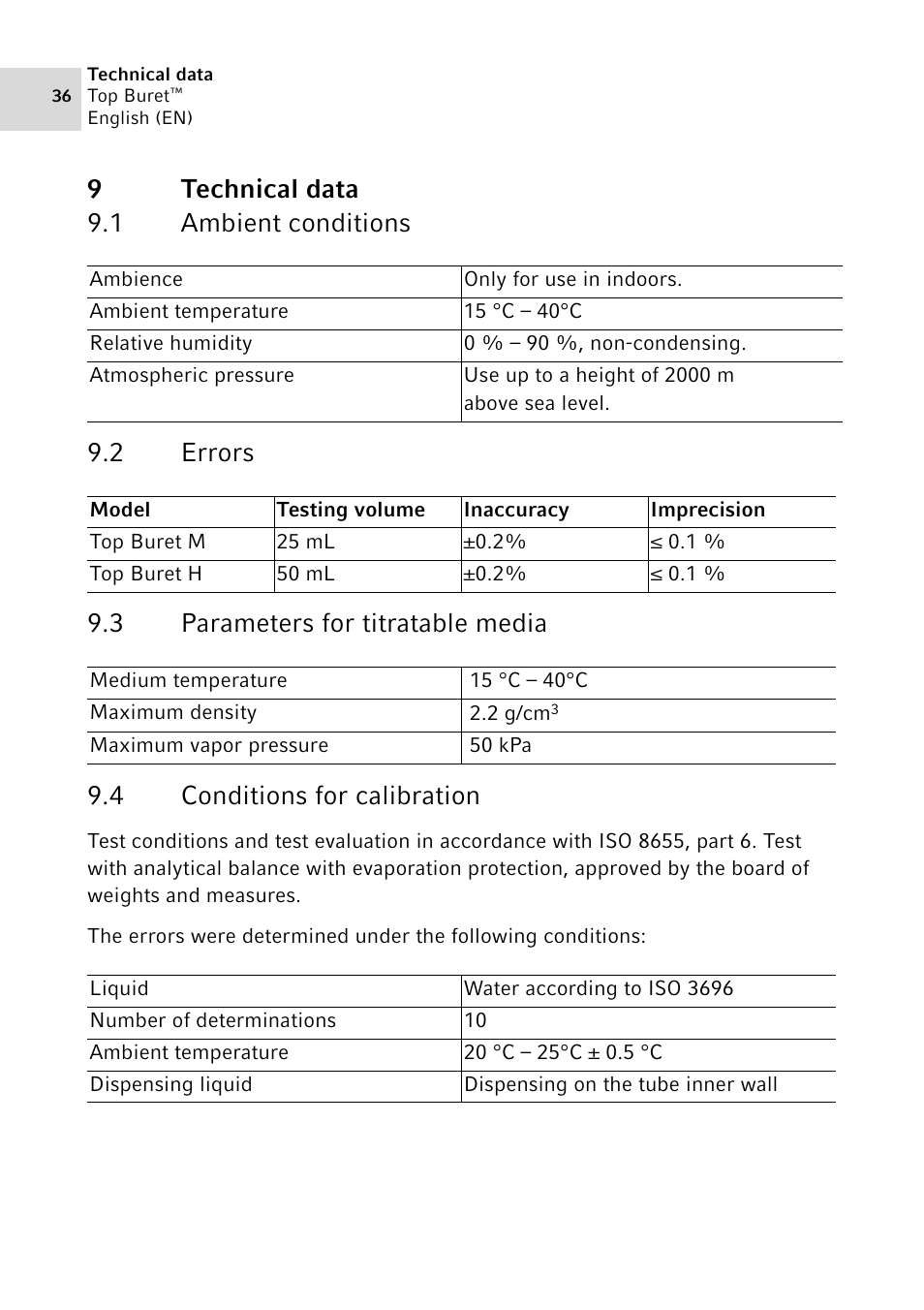 9 technical data, 1 ambient conditions, 2 errors | 3 parameters for titratable media, 4 conditions for calibration, Technical data 9.1, Ambient conditions, Errors, Parameters for titratable media, Conditions for calibration | Eppendorf Top Buret M / H User Manual | Page 36 / 42