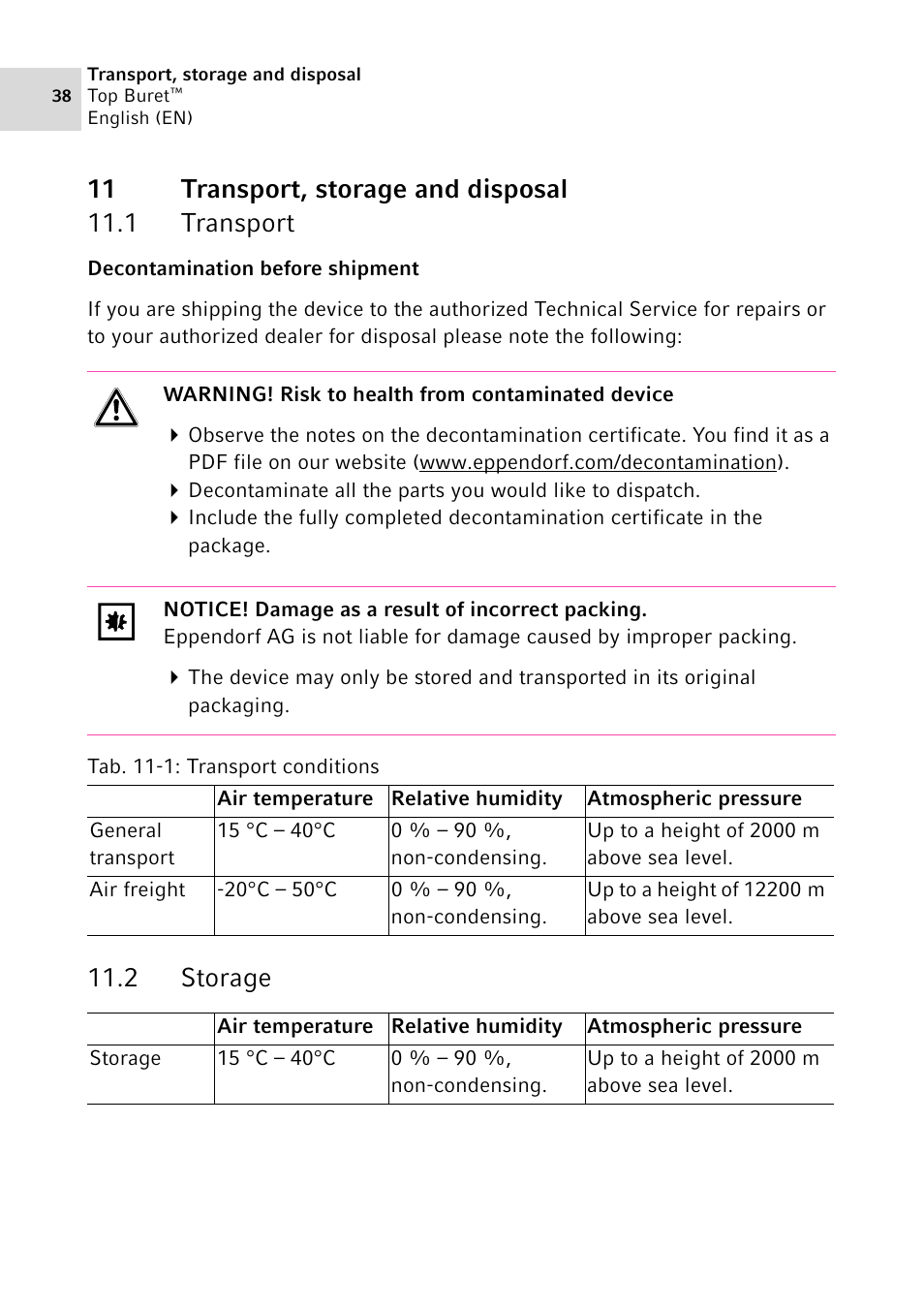 11 transport, storage and disposal, 1 transport, 2 storage | Transport, Storage | Eppendorf Top Buret M / H User Manual | Page 38 / 42