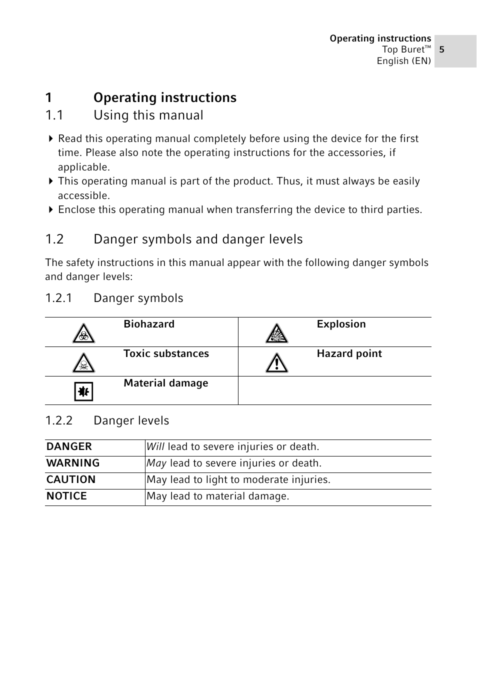 1 operating instructions, 1 using this manual, 2 danger symbols and danger levels | 1 danger symbols, 2 danger levels, Operating instructions 1.1, Using this manual, Danger symbols and danger levels 1.2.1, Danger symbols, Danger levels | Eppendorf Top Buret M / H User Manual | Page 5 / 42