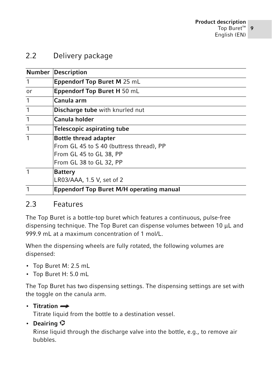 2 delivery package, 3 features, Delivery package | Features, 2 delivery package 2.3 features | Eppendorf Top Buret M / H User Manual | Page 9 / 42