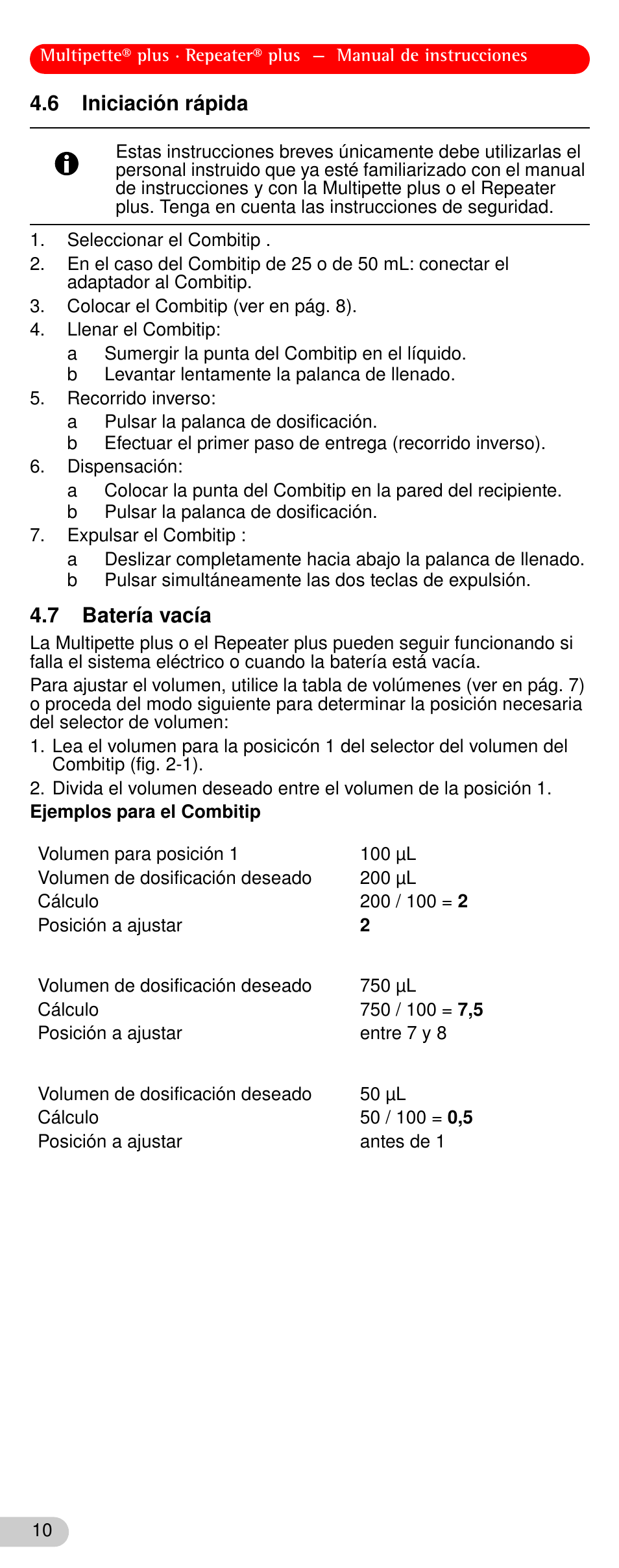 6 iniciación rápida, 7 batería vacía, Iniciación rápida | Batería vacía | Eppendorf Repeater plus User Manual | Page 10 / 20