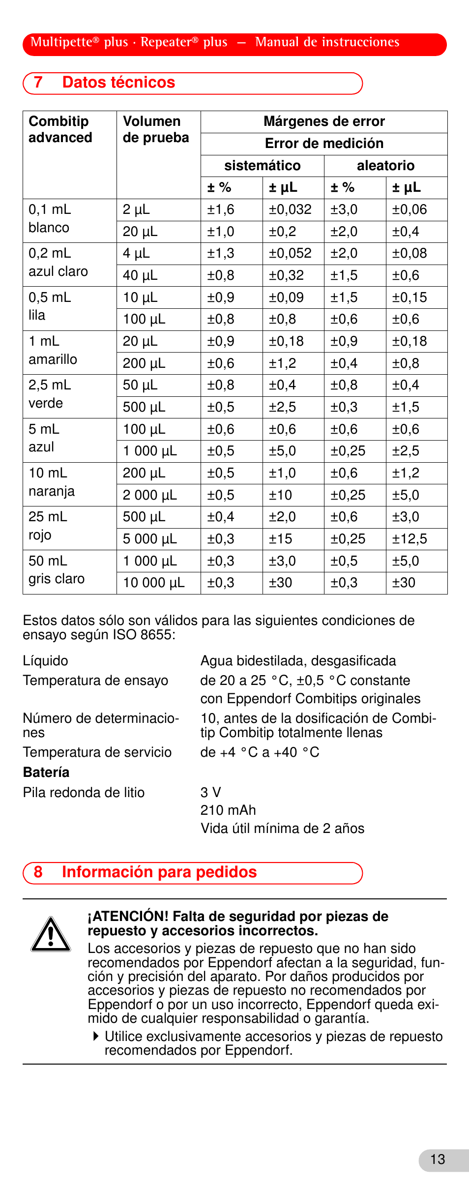 7 datos técnicos, 8 información para pedidos, Datos técnicos | Información para pedidos | Eppendorf Repeater plus User Manual | Page 13 / 20
