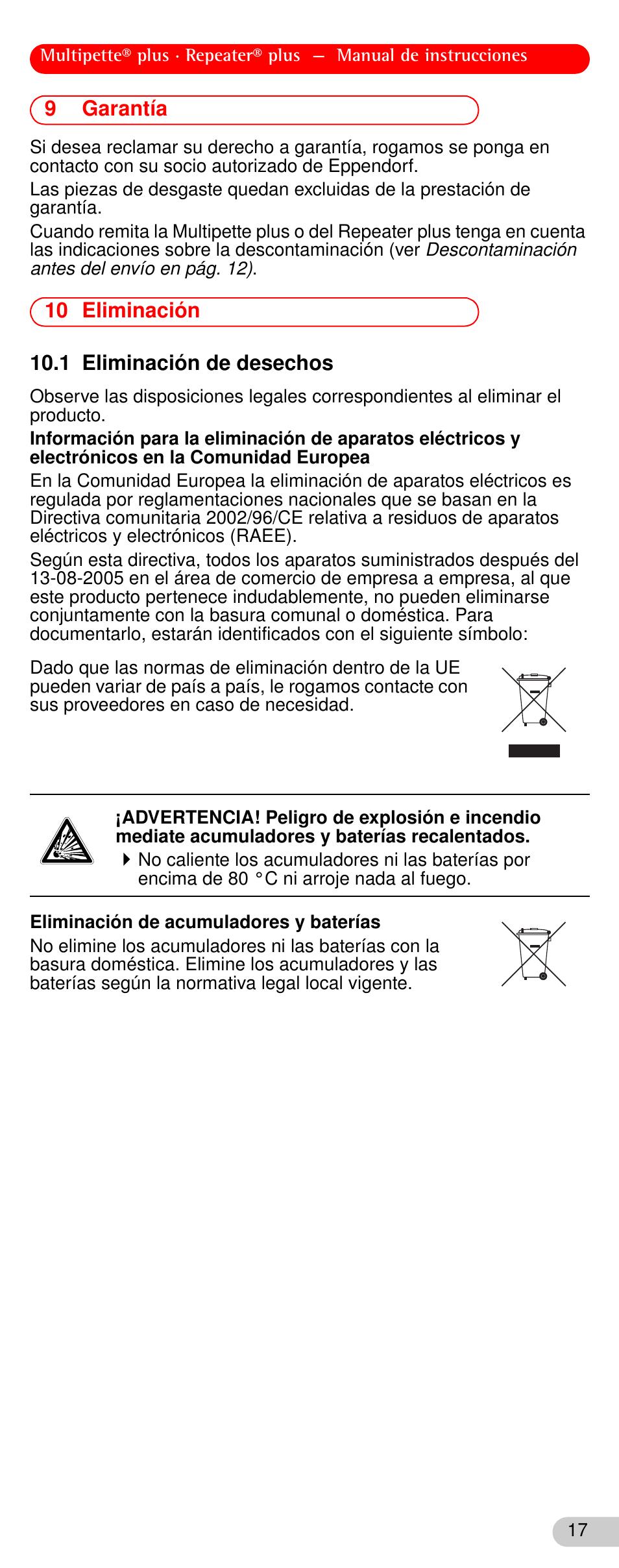 9 garantía, 10 eliminación, 1 eliminación de desechos | Garantía, Eliminación, Eliminación de desechos, 9garantía | Eppendorf Repeater plus User Manual | Page 17 / 20