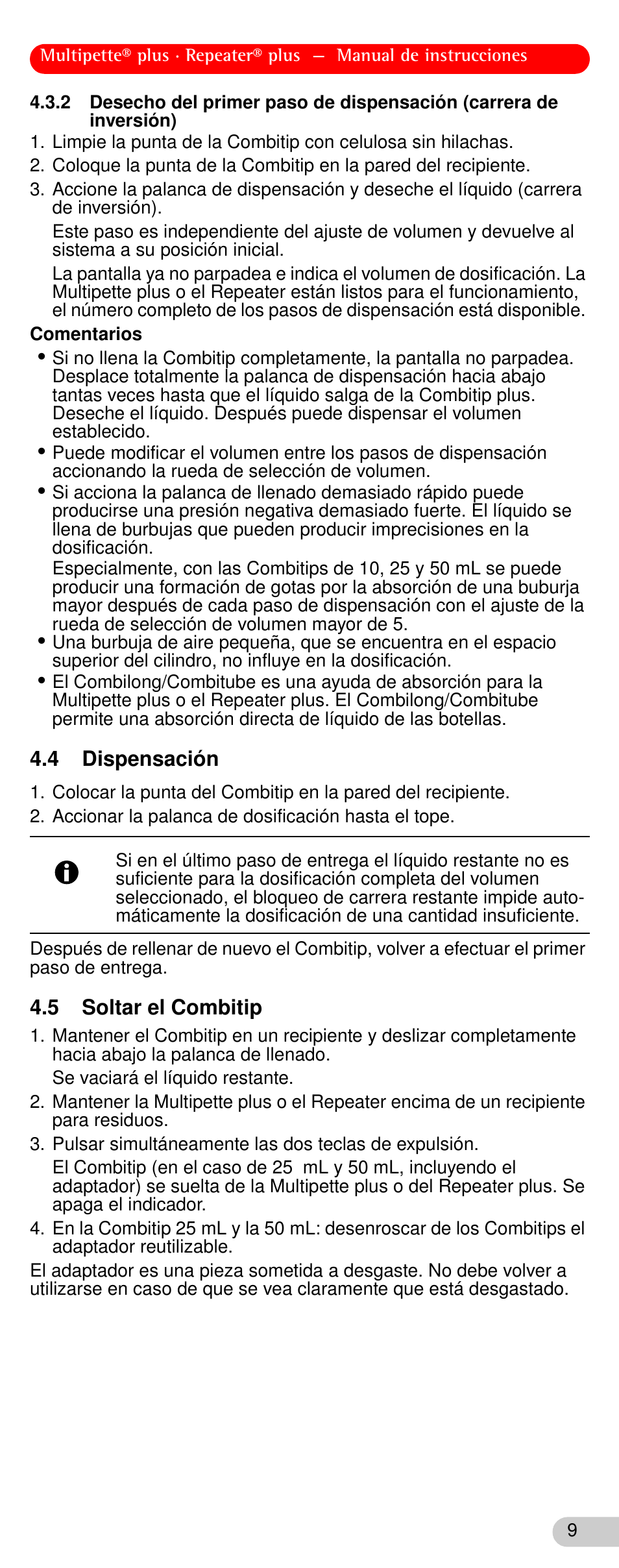 4 dispensación, 5 soltar el combitip, Inversión)9 | Dispensación, Soltar el combitip | Eppendorf Repeater plus User Manual | Page 9 / 20
