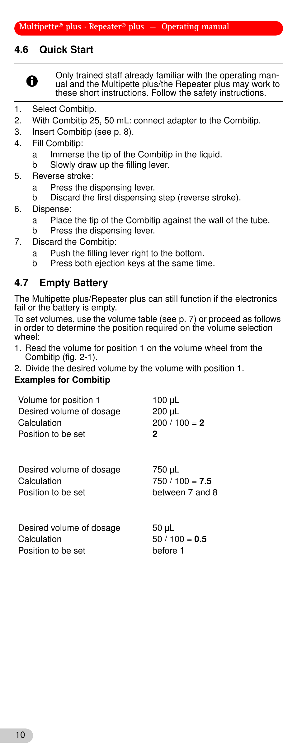 6 quick start, 7 empty battery, Quick start | Empty battery | Eppendorf Repeater plus User Manual | Page 10 / 18