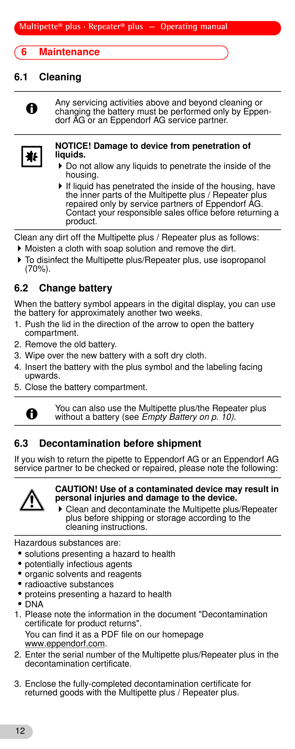 6 maintenance, 1 cleaning, 2 change battery | 3 decontamination before shipment, Maintenance, Cleaning, Change battery, Decontamination before shipment | Eppendorf Repeater plus User Manual | Page 12 / 18