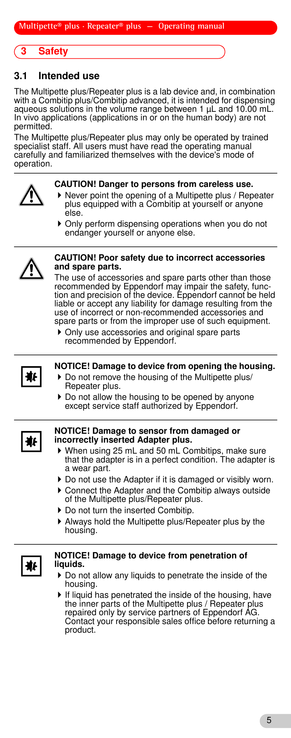3 safety, 1 intended use, Safety | Intended use, 3safety 3.1 intended use | Eppendorf Repeater plus User Manual | Page 5 / 18