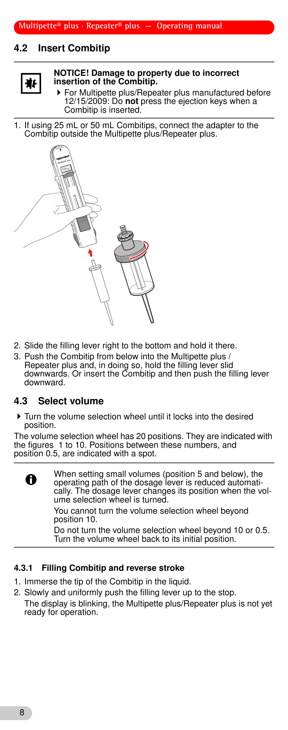 2 insert combitip, 3 select volume, 1 filling combitip and reverse stroke | Insert combitip, Select volume | Eppendorf Repeater plus User Manual | Page 8 / 18