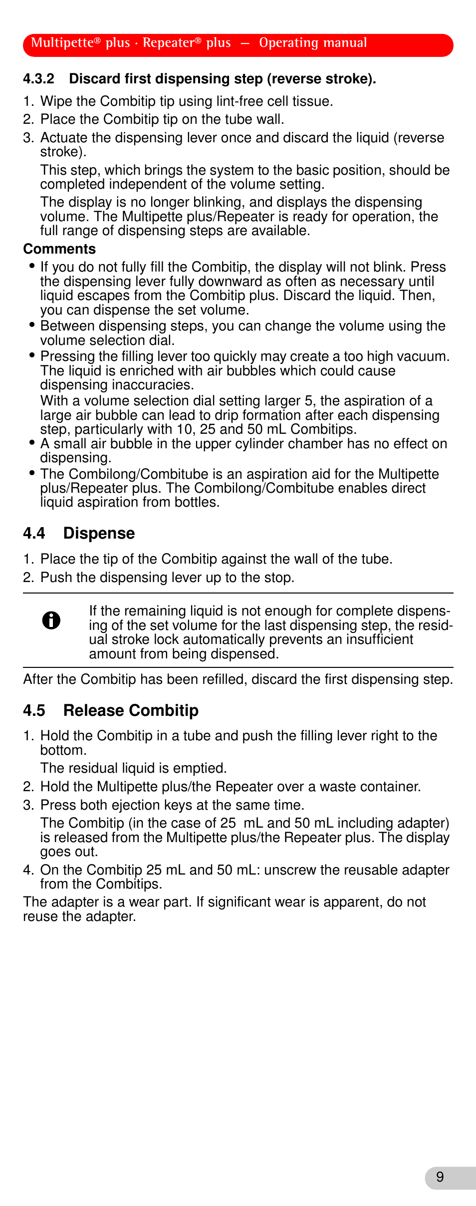 2 discard first dispensing step (reverse stroke), 4 dispense, 5 release combitip | Dispense, Release combitip | Eppendorf Repeater plus User Manual | Page 9 / 18