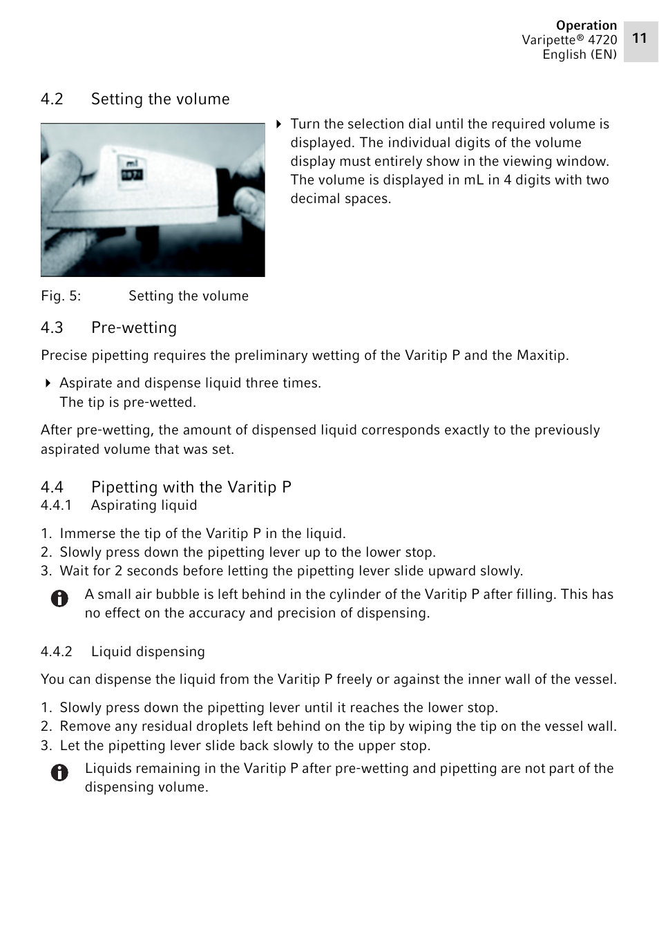 2 setting the volume, 3 pre-wetting, 4 pipetting with the varitip p | 1 aspirating liquid, 2 liquid dispensing, Setting the volume, Pre-wetting | Eppendorf Maxipettor 4720 User Manual | Page 11 / 20