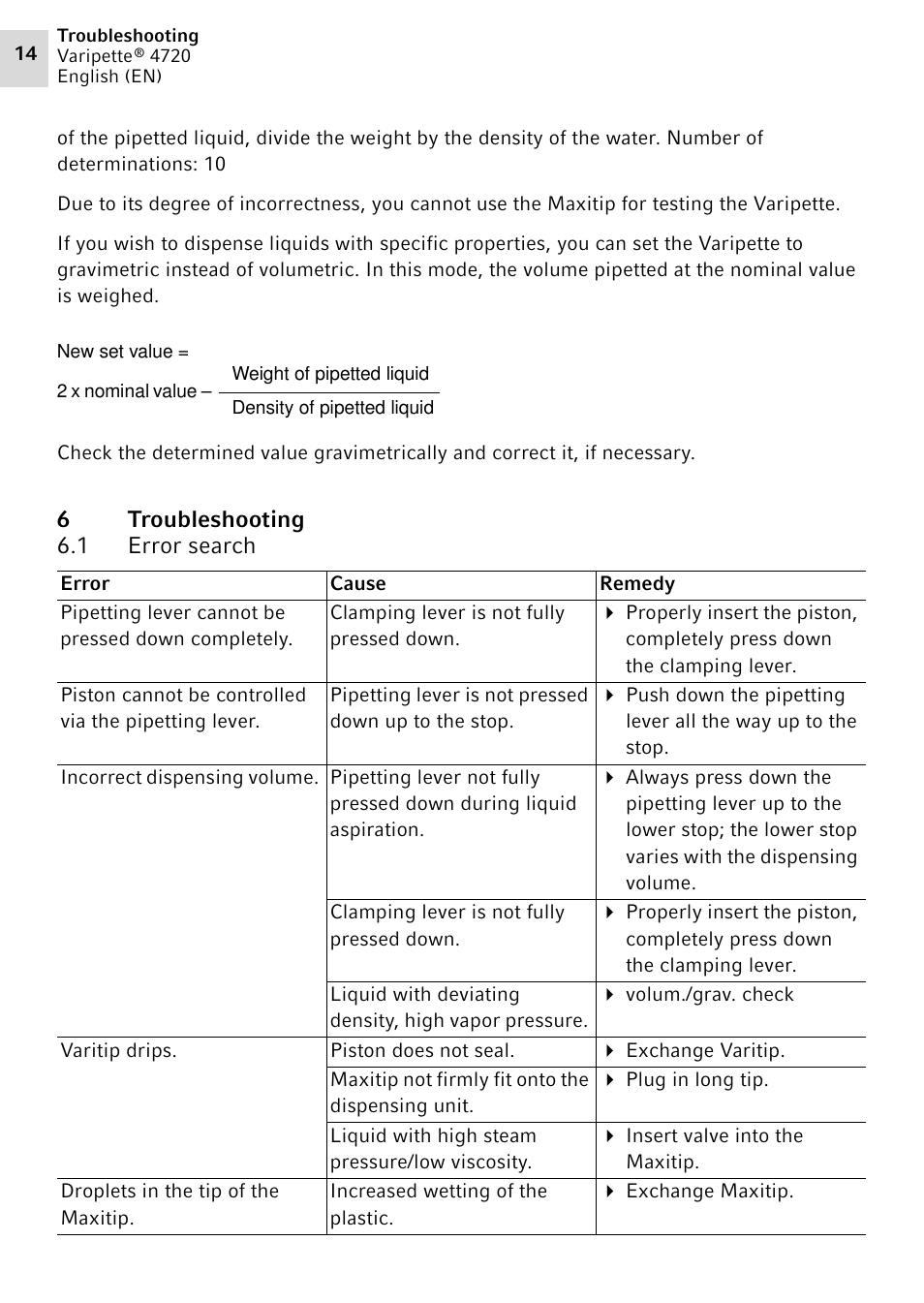 6 troubleshooting, 1 error search, Troubleshooting 6.1 | Error search | Eppendorf Maxipettor 4720 User Manual | Page 14 / 20