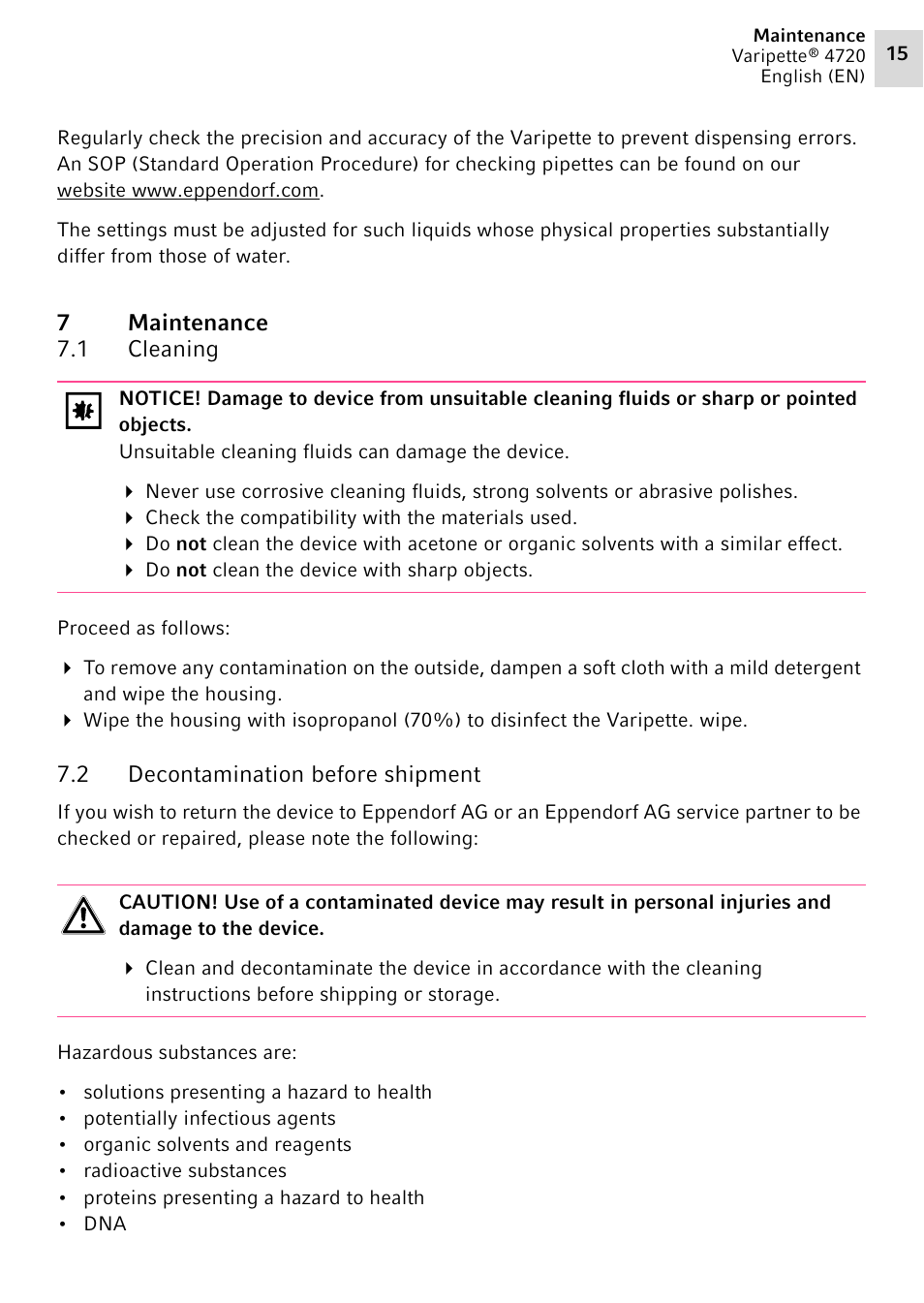 7 maintenance, 1 cleaning, 2 decontamination before shipment | Maintenance 7.1, Cleaning, Decontamination before shipment | Eppendorf Maxipettor 4720 User Manual | Page 15 / 20