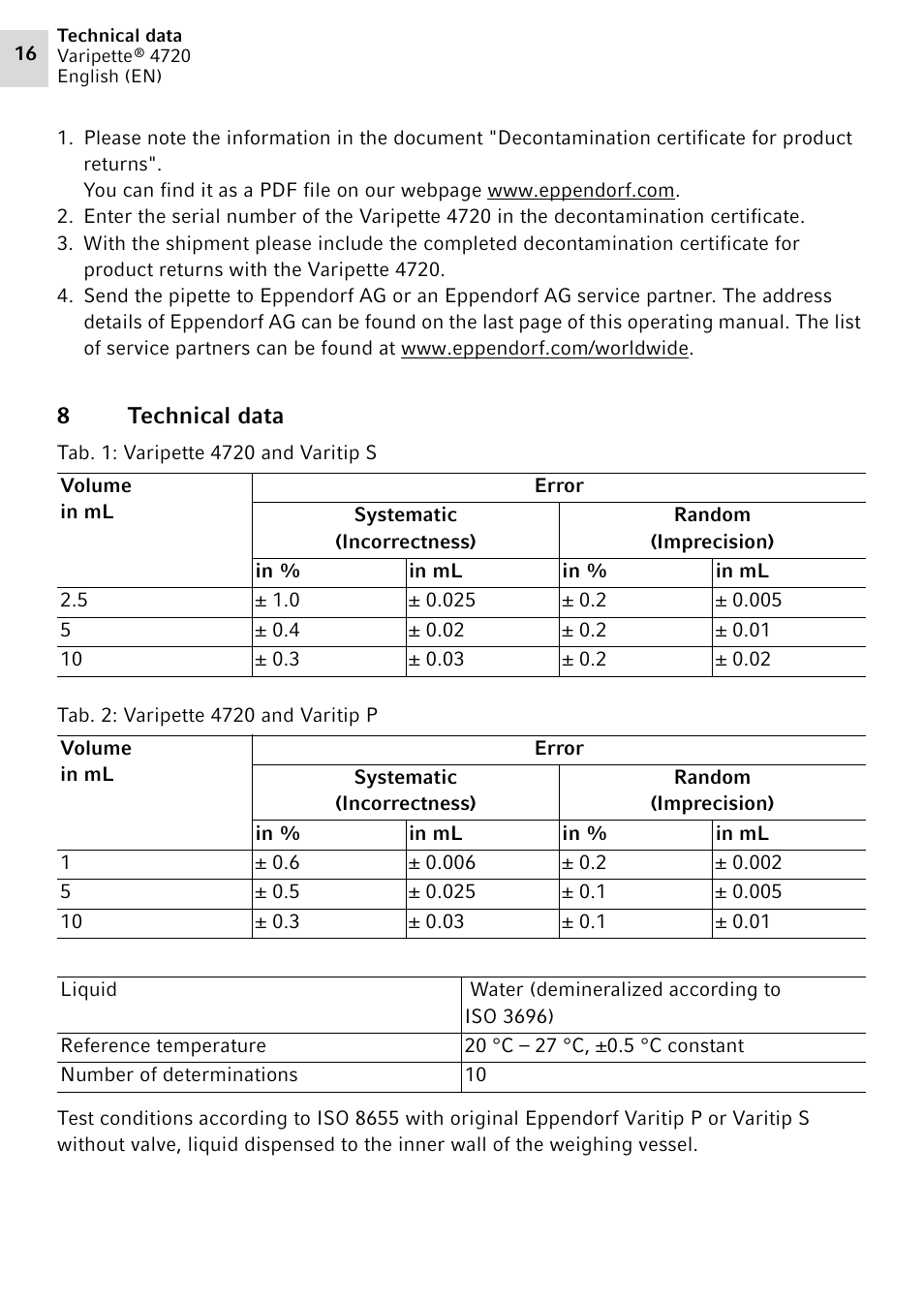 8 technical data, Technical data | Eppendorf Maxipettor 4720 User Manual | Page 16 / 20