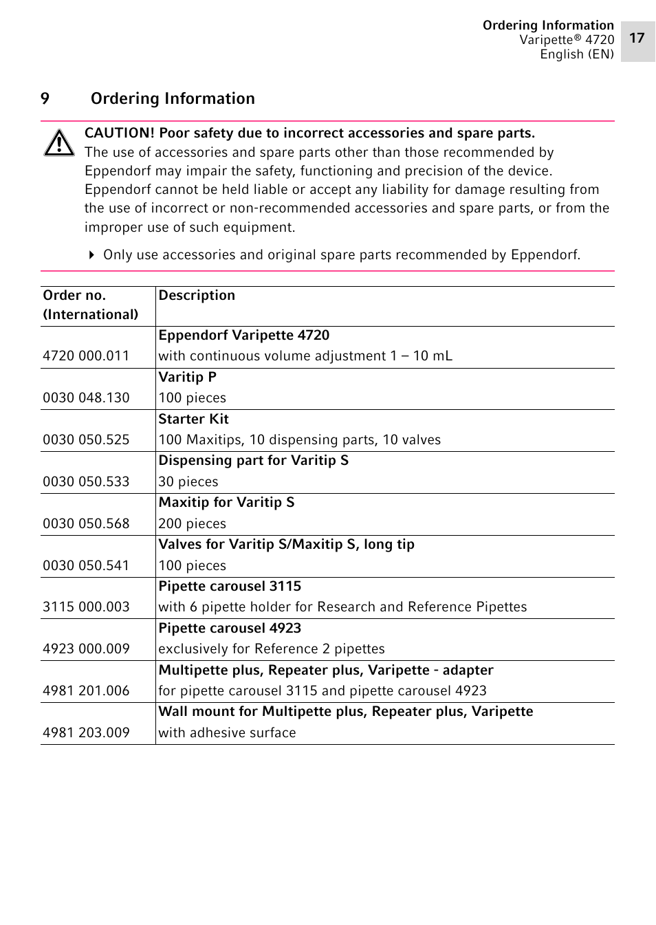 9 ordering information, Ordering information | Eppendorf Maxipettor 4720 User Manual | Page 17 / 20