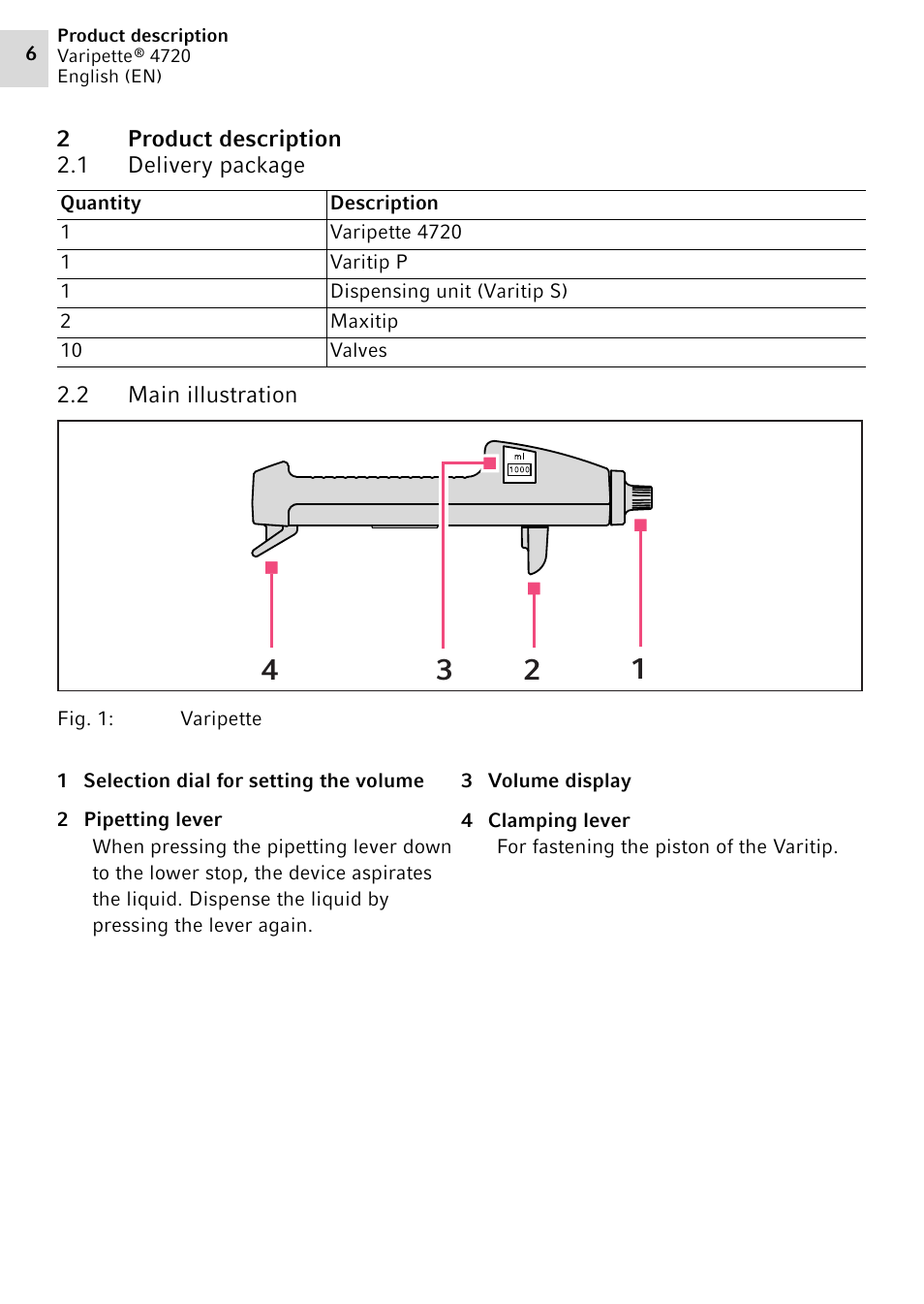 2 product description, 1 delivery package, 2 main illustration | Product description 2.1, Delivery package, Main illustration | Eppendorf Maxipettor 4720 User Manual | Page 6 / 20