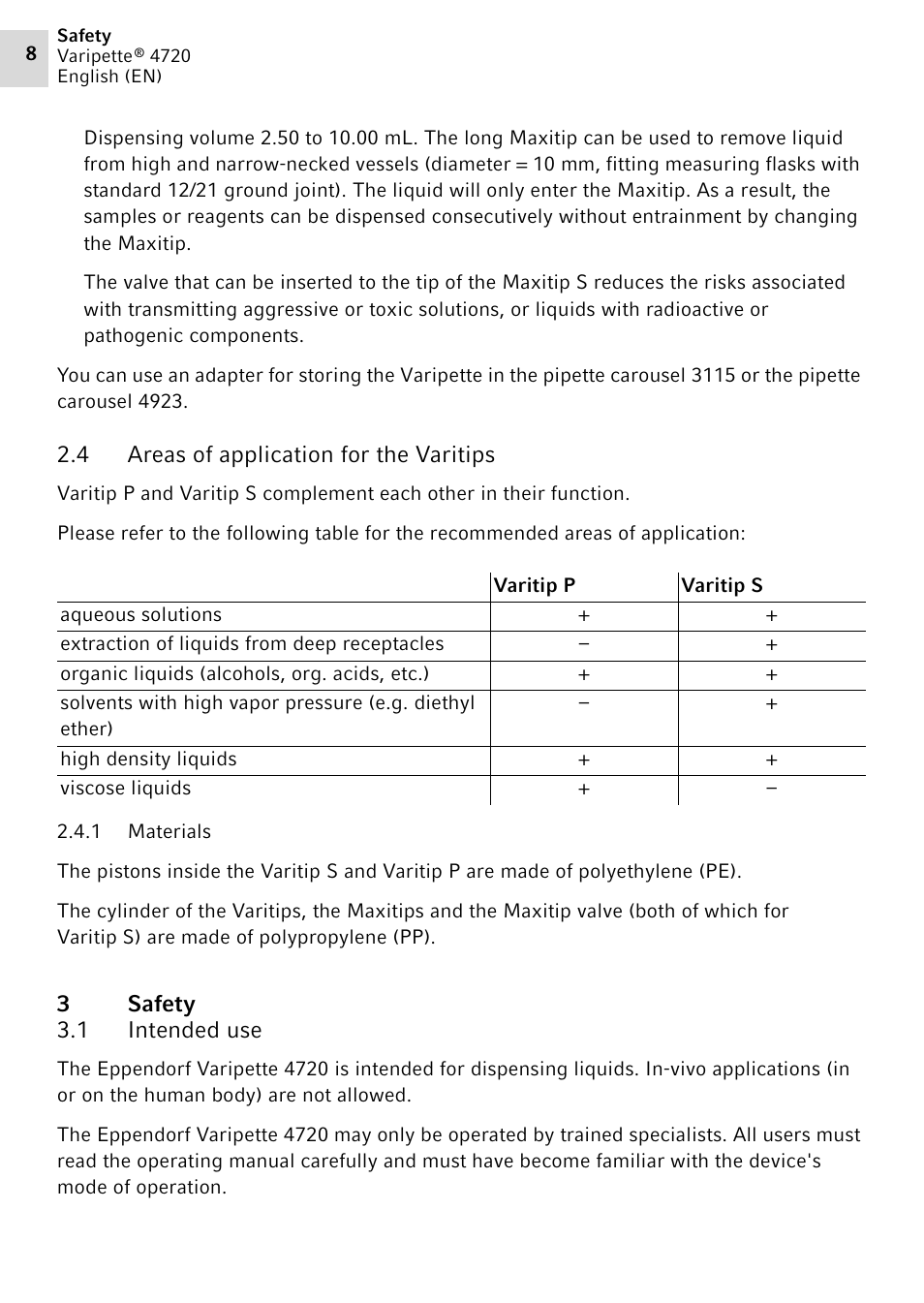 4 areas of application for the varitips, 1 materials, 3 safety | 1 intended use, Safety 3.1, Intended use | Eppendorf Maxipettor 4720 User Manual | Page 8 / 20