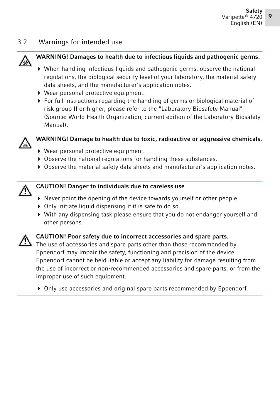 2 warnings for intended use, Warnings for intended use | Eppendorf Maxipettor 4720 User Manual | Page 9 / 20