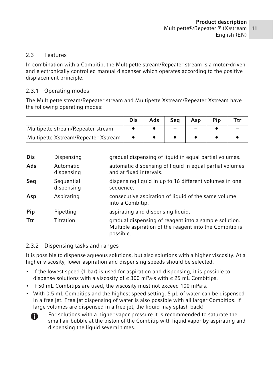 3 features, 1 operating modes, 2 dispensing tasks and ranges | Features 2.3.1, Operating modes, Dispensing tasks and ranges | Eppendorf Multipette Xstream User Manual | Page 11 / 58