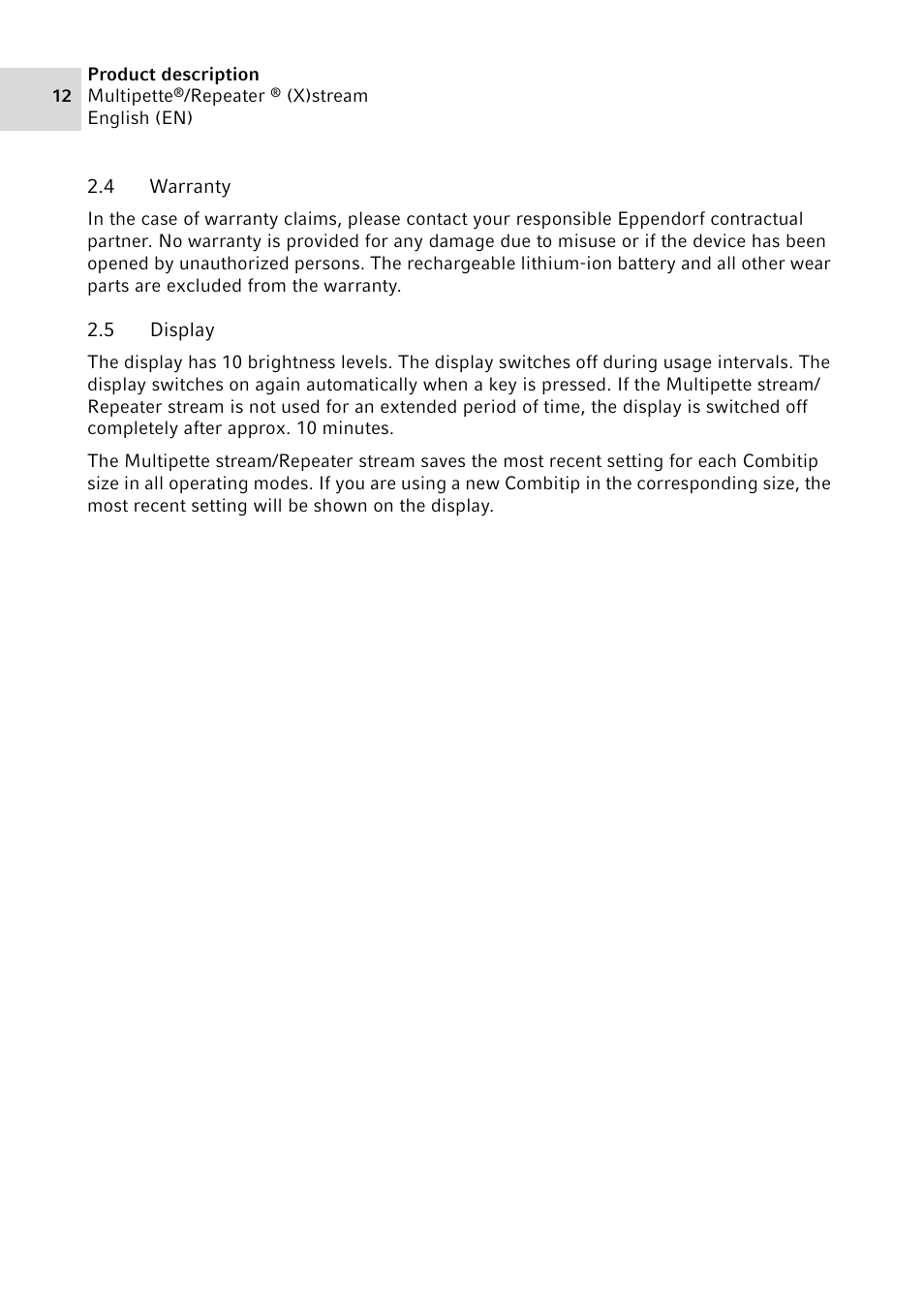 4 warranty, 5 display, Warranty | Display | Eppendorf Multipette Xstream User Manual | Page 12 / 58