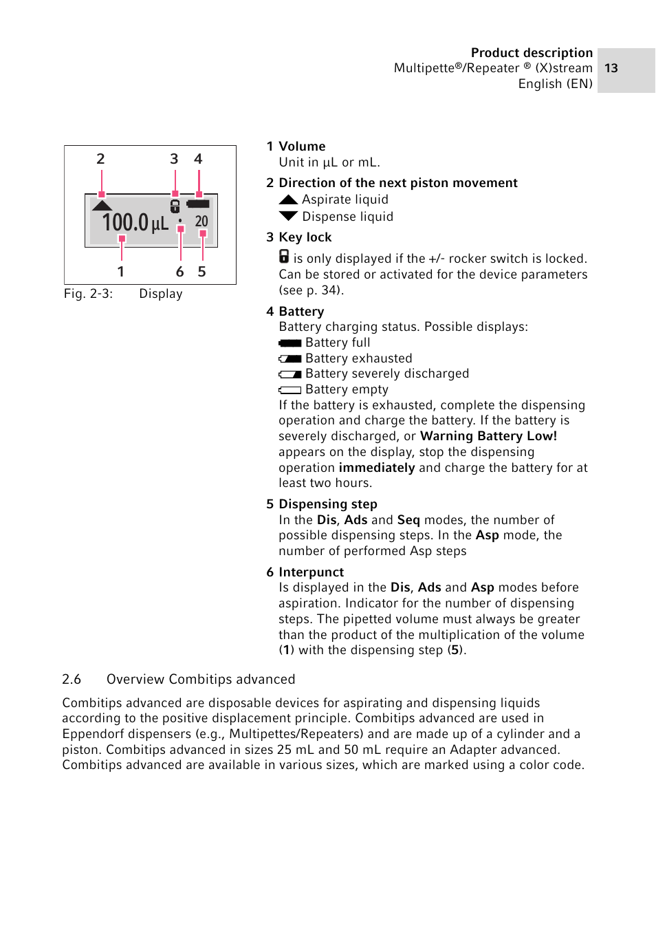6 overview combitips advanced, Overview combitips advanced | Eppendorf Multipette Xstream User Manual | Page 13 / 58