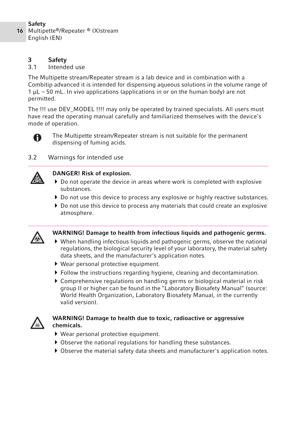 3 safety, 1 intended use, 2 warnings for intended use | Safety 3.1, Intended use, Warnings for intended use | Eppendorf Multipette Xstream User Manual | Page 16 / 58