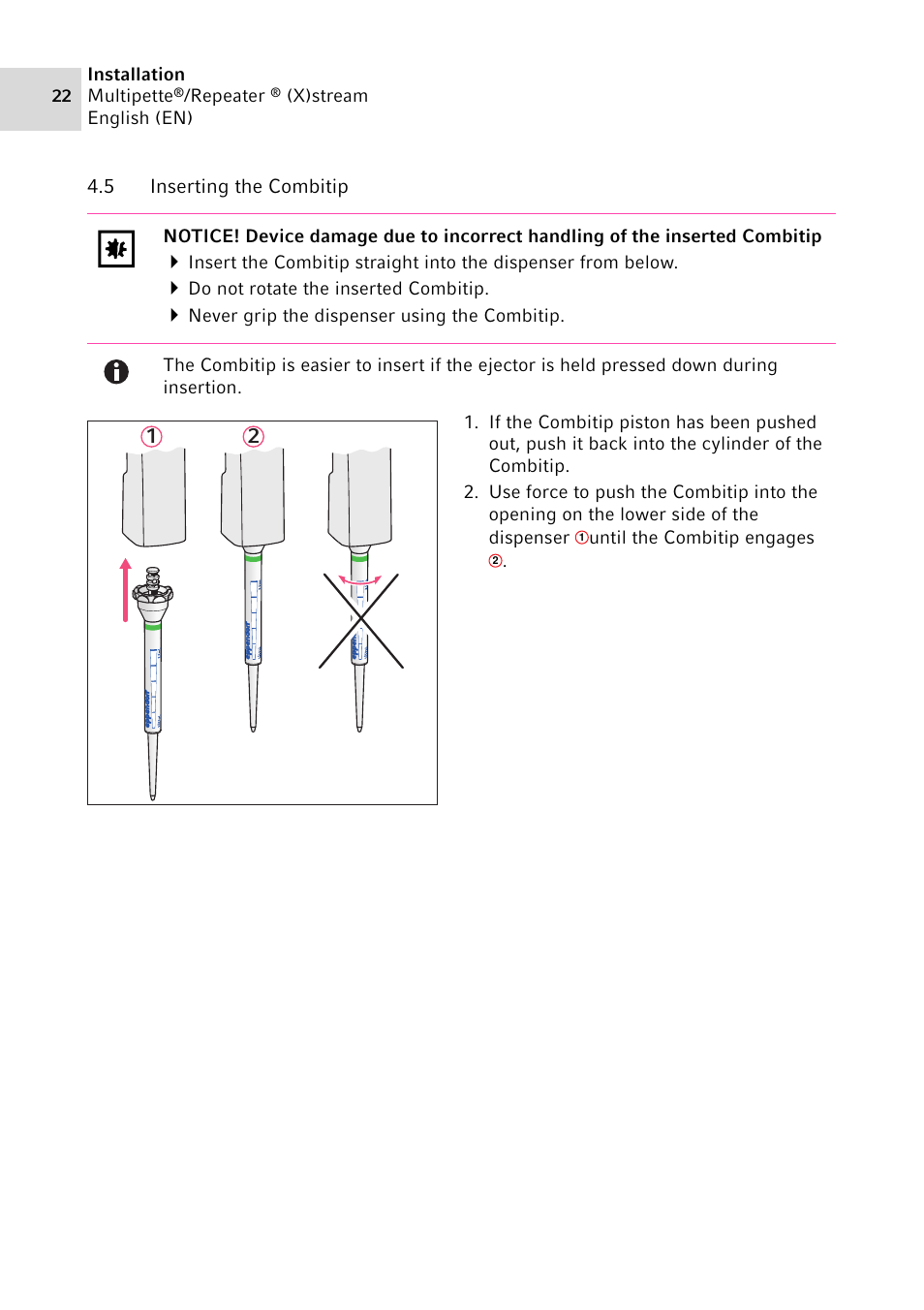 5 inserting the combitip, Inserting the combitip | Eppendorf Multipette Xstream User Manual | Page 22 / 58