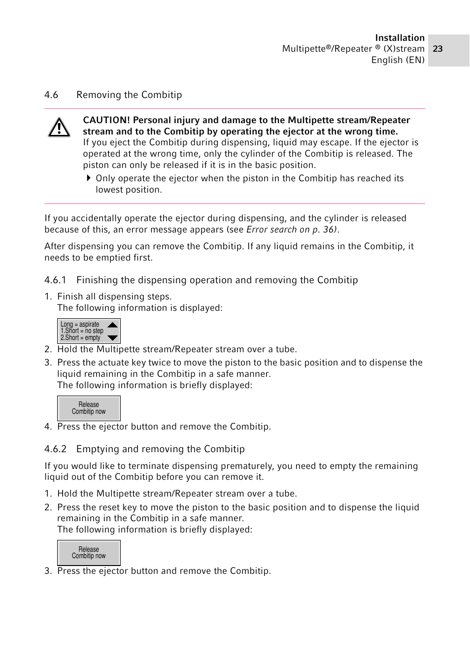 6 removing the combitip, 2 emptying and removing the combitip, Removing the combitip 4.6.1 | Emptying and removing the combitip | Eppendorf Multipette Xstream User Manual | Page 23 / 58