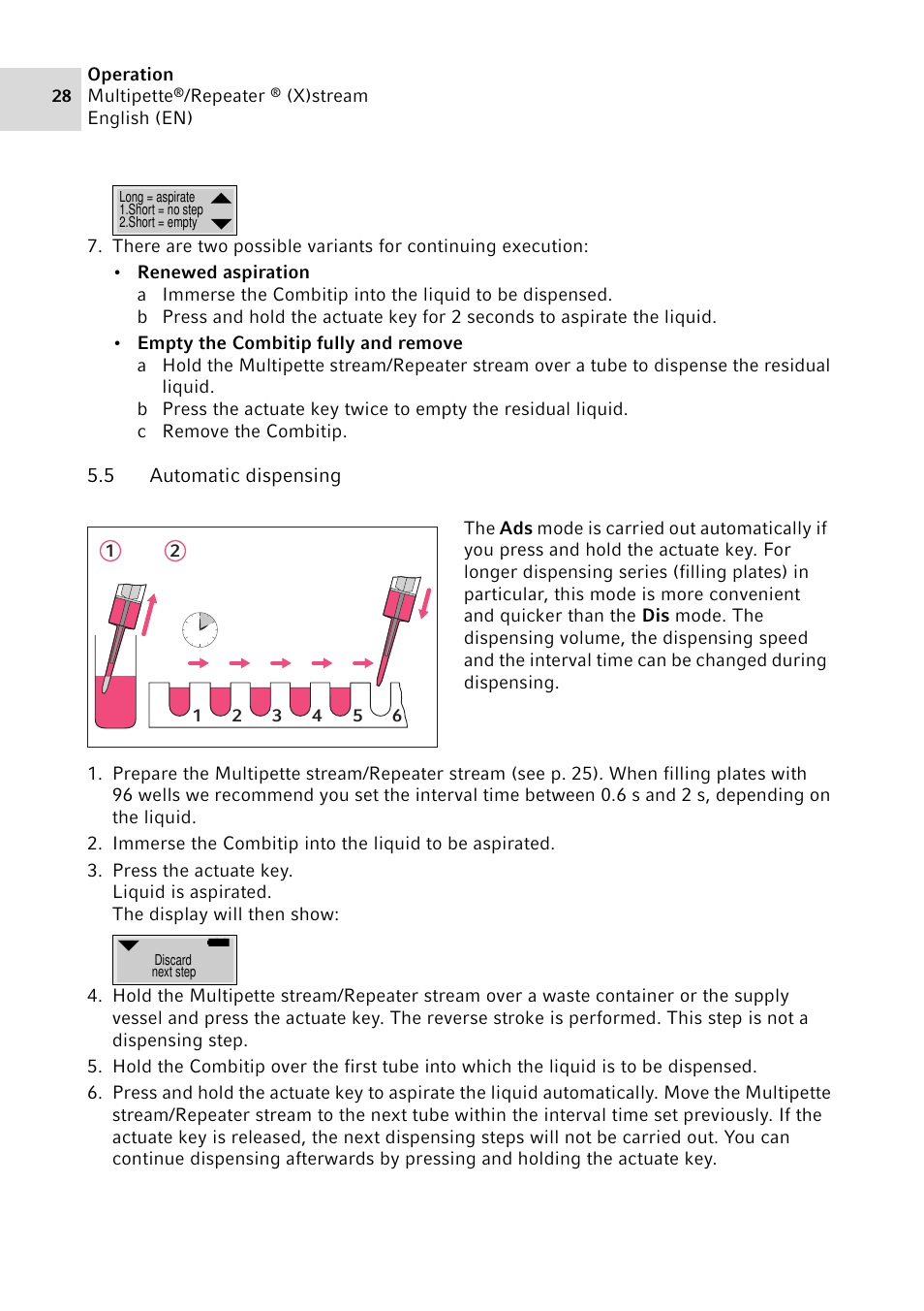 5 automatic dispensing, Automatic dispensing | Eppendorf Multipette Xstream User Manual | Page 28 / 58