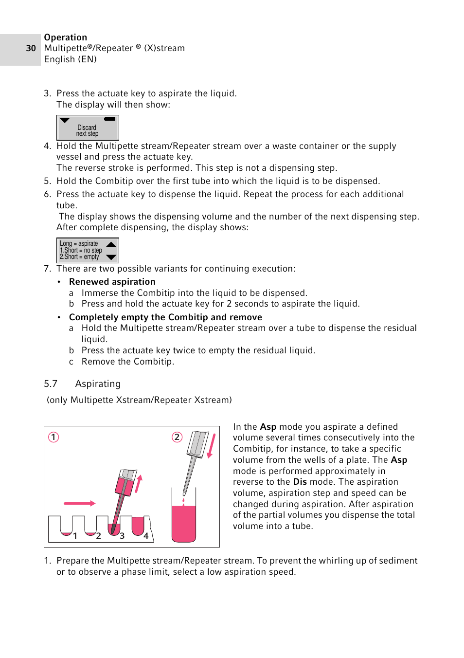 7 aspirating, Aspirating | Eppendorf Multipette Xstream User Manual | Page 30 / 58