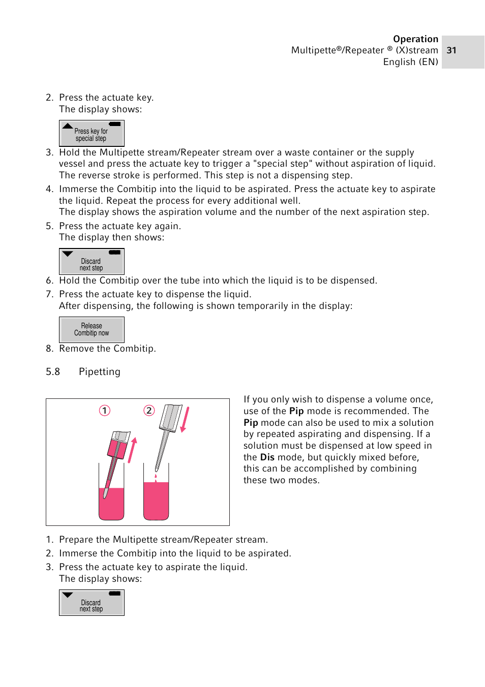 8 pipetting, Pipetting | Eppendorf Multipette Xstream User Manual | Page 31 / 58