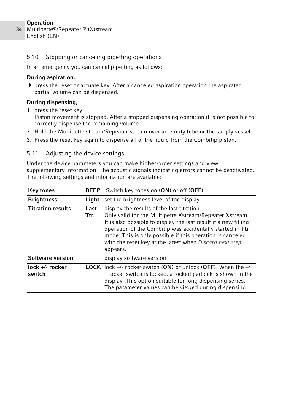 10 stopping or canceling pipetting operations, 11 adjusting the device settings, Stopping or canceling pipetting operations | Adjusting the device settings | Eppendorf Multipette Xstream User Manual | Page 34 / 58