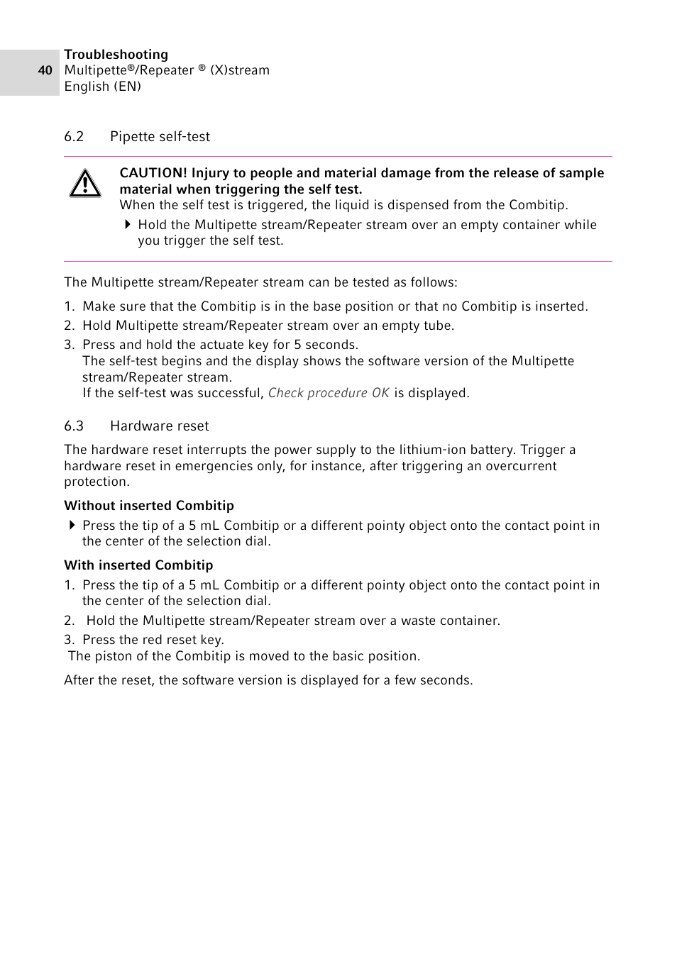 2 pipette self-test, 3 hardware reset, Pipette self-test | Hardware reset | Eppendorf Multipette Xstream User Manual | Page 40 / 58