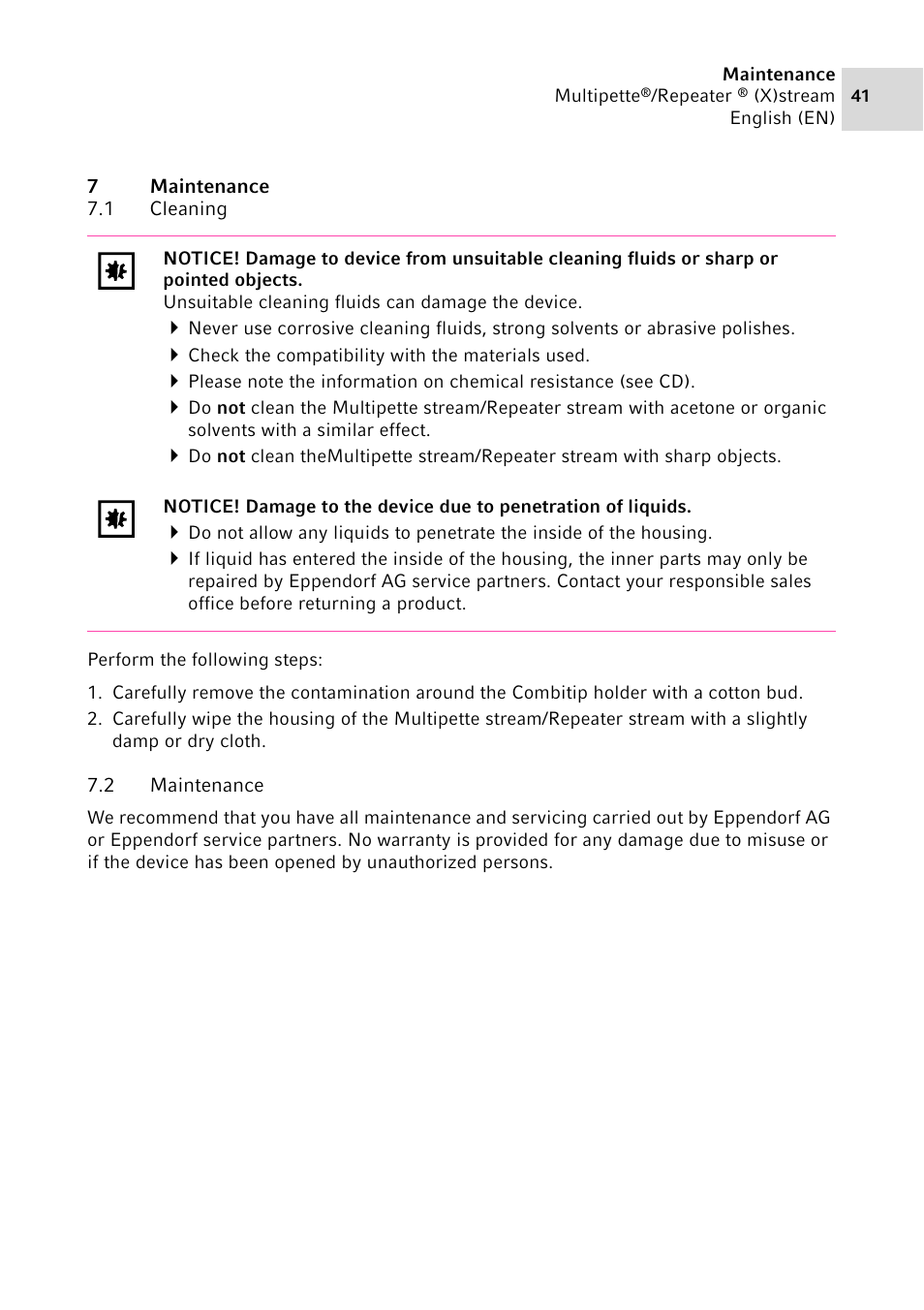 7 maintenance, 1 cleaning, 2 maintenance | Maintenance 7.1, Cleaning, Maintenance | Eppendorf Multipette Xstream User Manual | Page 41 / 58