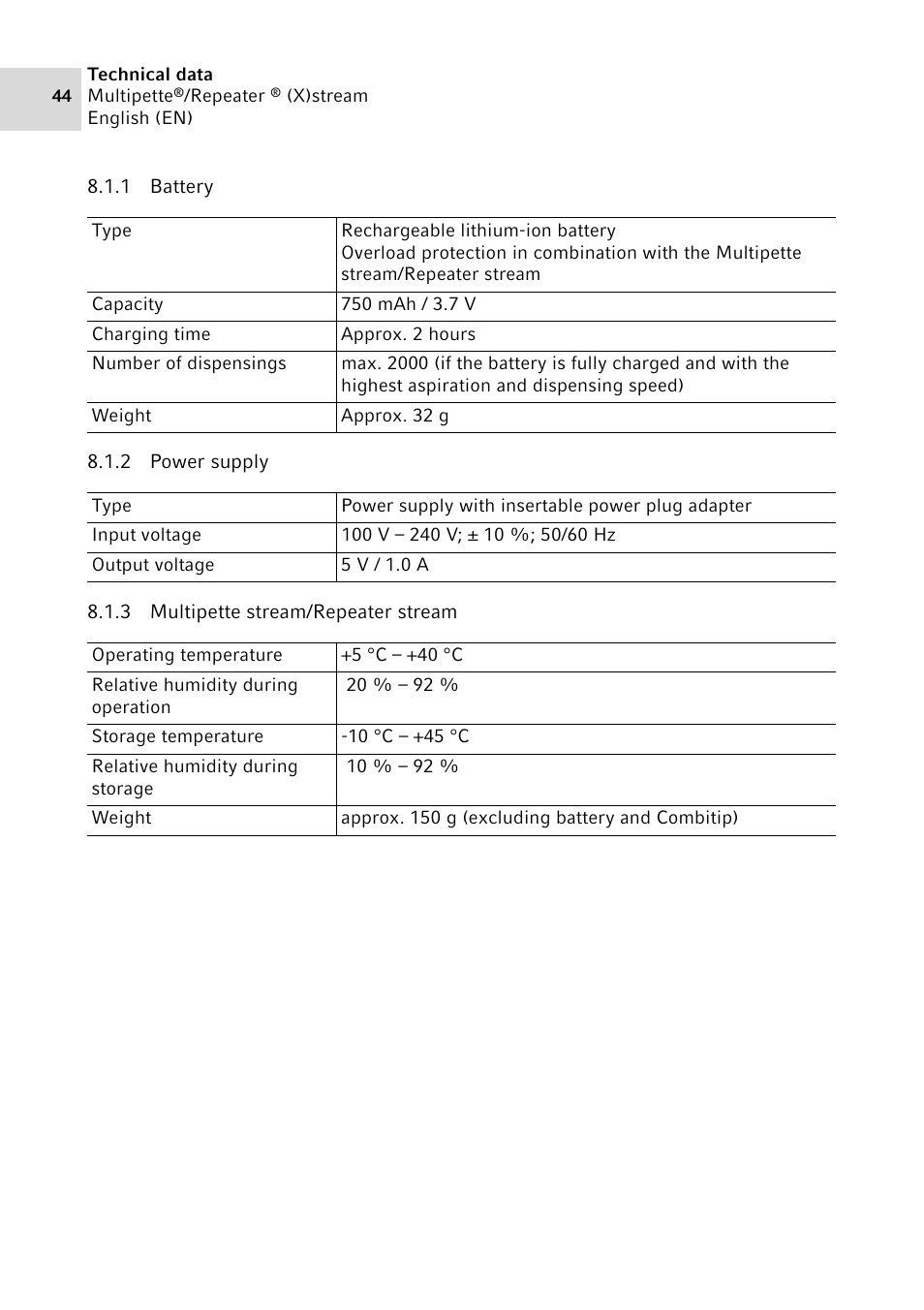 1 battery, 2 power supply, 3 multipette stream/repeater stream | Eppendorf Multipette Xstream User Manual | Page 44 / 58
