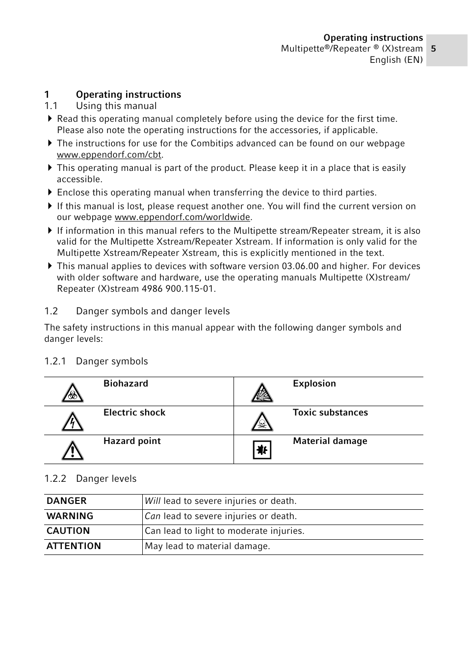1 operating instructions, 1 using this manual, 2 danger symbols and danger levels | 1 danger symbols, 2 danger levels, Operating instructions 1.1, Using this manual, Danger symbols and danger levels 1.2.1, Danger symbols, Danger levels | Eppendorf Multipette Xstream User Manual | Page 5 / 58