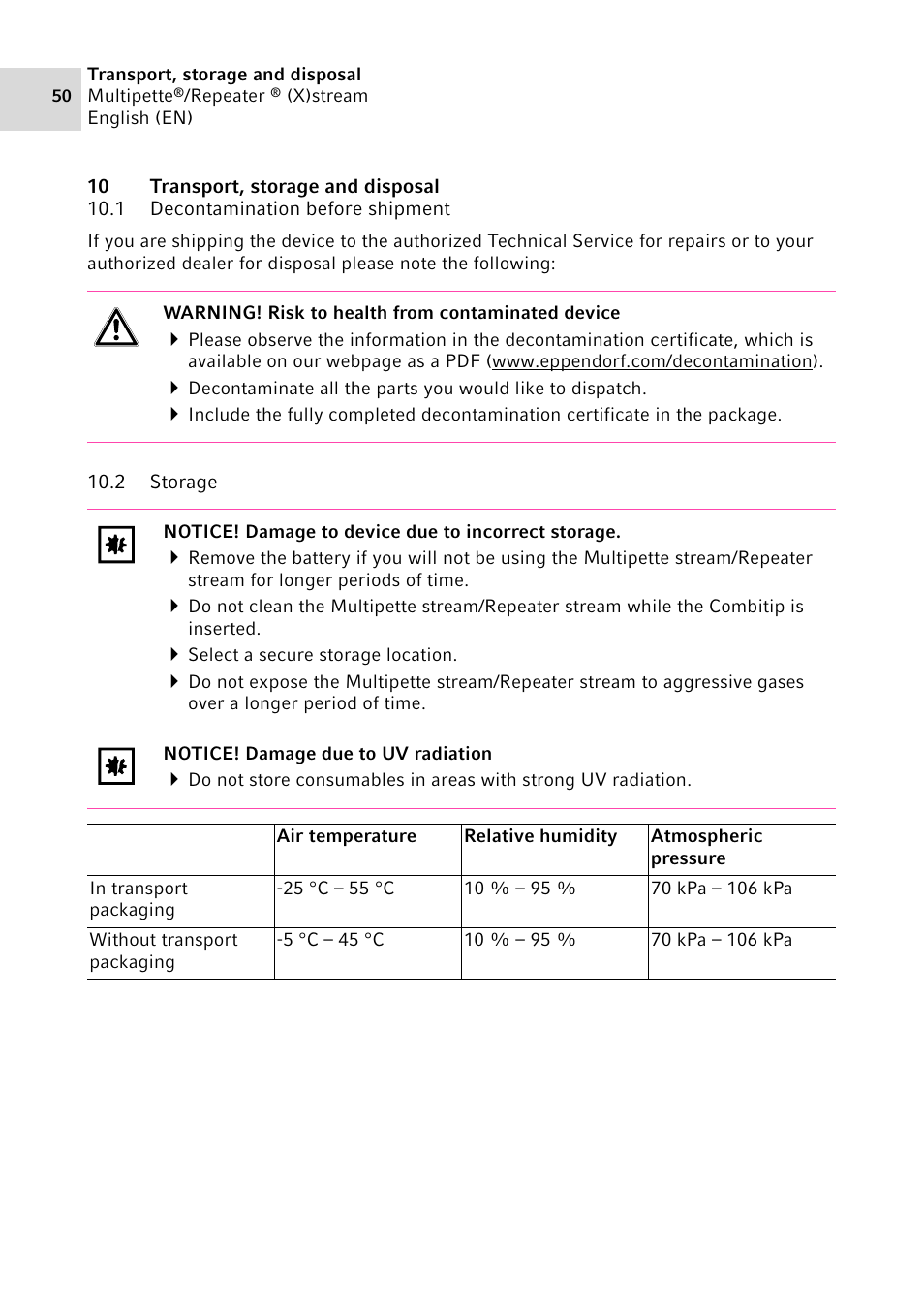 10 transport, storage and disposal, 1 decontamination before shipment, 2 storage | Decontamination before shipment, Storage | Eppendorf Multipette Xstream User Manual | Page 50 / 58