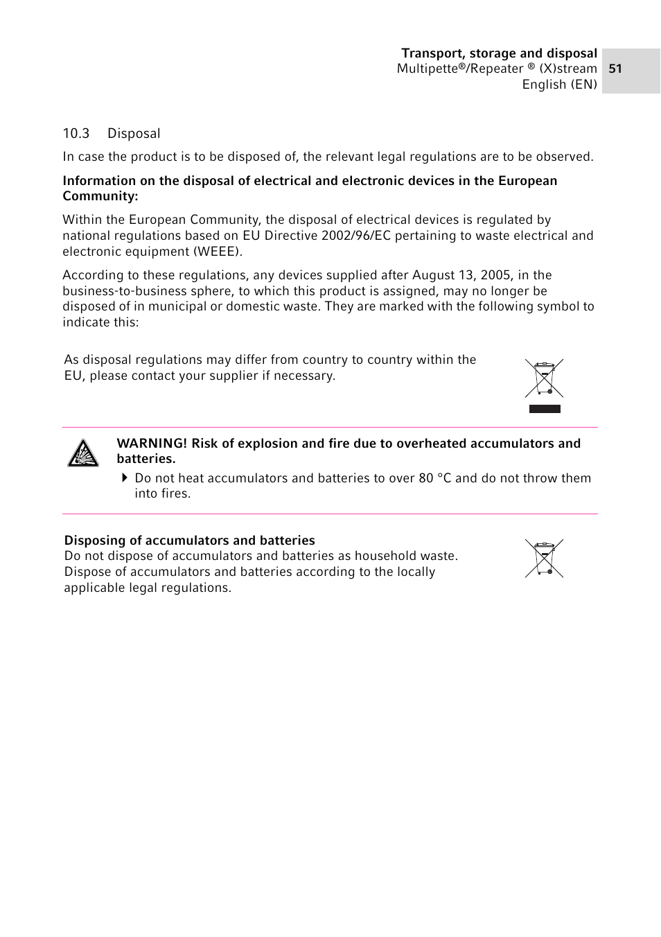 3 disposal, Disposal | Eppendorf Multipette Xstream User Manual | Page 51 / 58