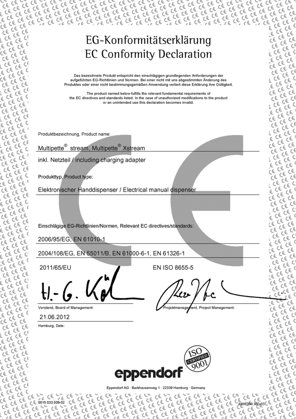 Ec conformity declaration | Eppendorf Multipette Xstream User Manual | Page 54 / 58