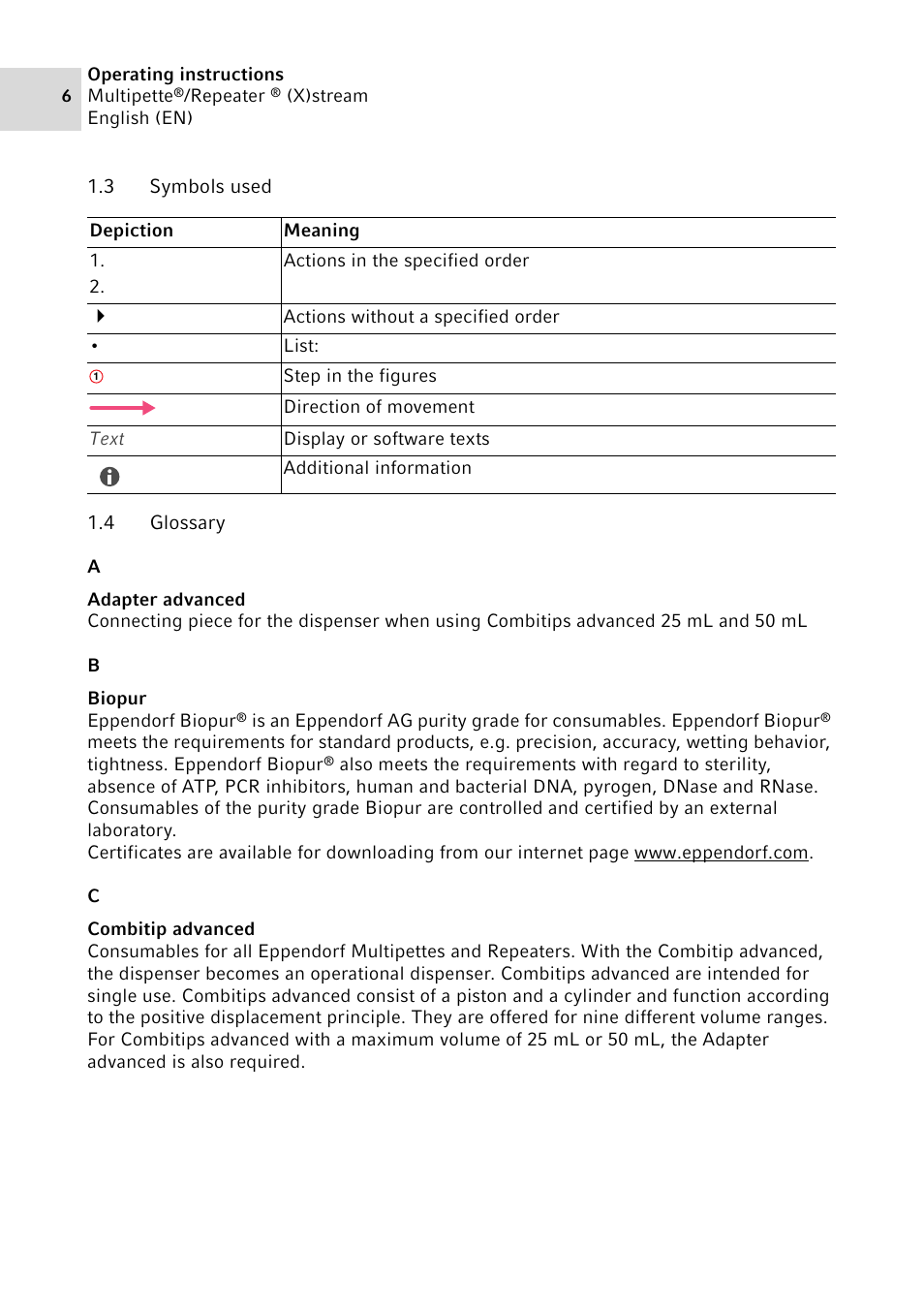 3 symbols used, 4 glossary, Symbols used | Glossary | Eppendorf Multipette Xstream User Manual | Page 6 / 58