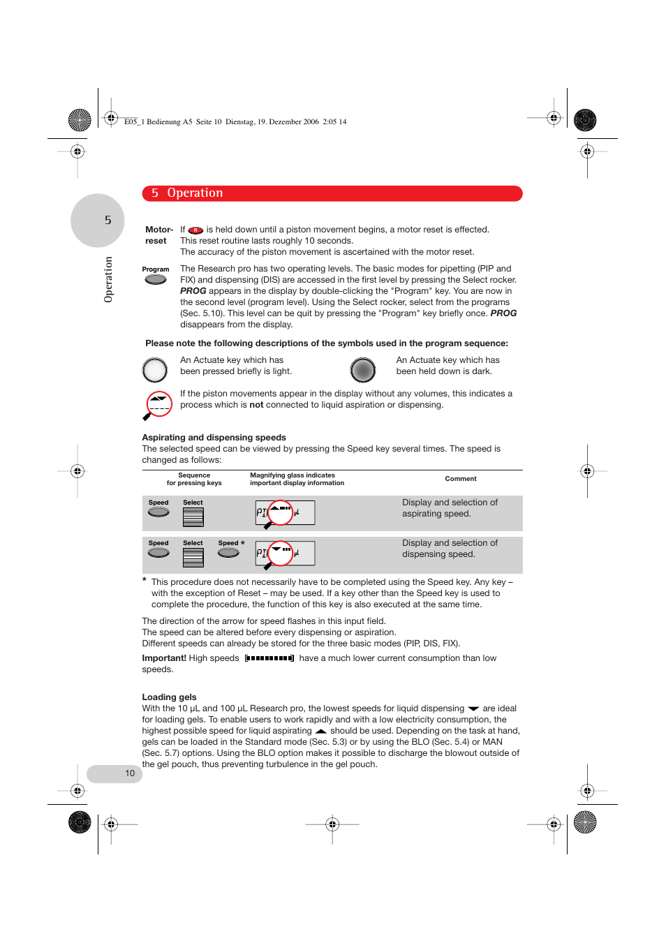 Aspirating and dispensing speeds, Loading gels, 5 operation | Operation | Eppendorf Research pro User Manual | Page 10 / 60