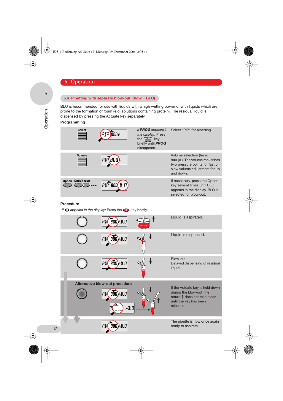 4 pipetting with separate blow-out (blow = blo), 5 operation, Operation | Eppendorf Research pro User Manual | Page 12 / 60