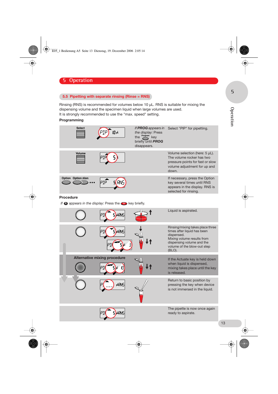 5 pipetting with separate rinsing (rinse = rns), 5 operation 5, Operation | Eppendorf Research pro User Manual | Page 13 / 60