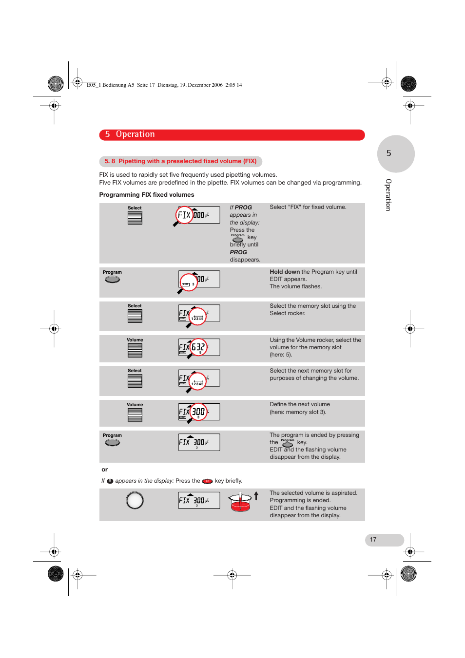 8 pipetting with a preselected fixed volume (fix), 5 operation 5, Operation | Eppendorf Research pro User Manual | Page 17 / 60